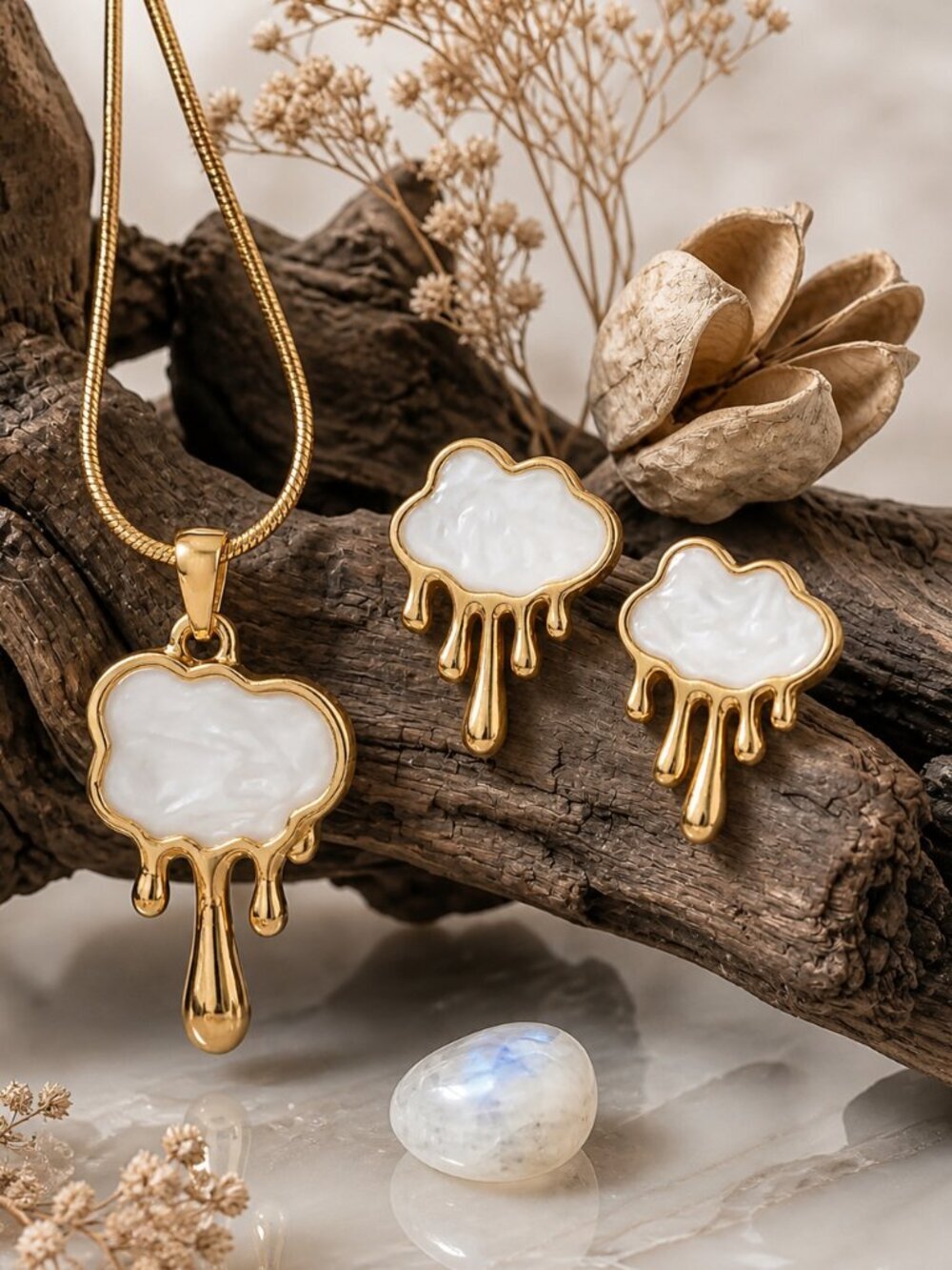 18K Gold Plated SS Surrealist Drip Art Melting Cloud Enamel Necklace Earring Set